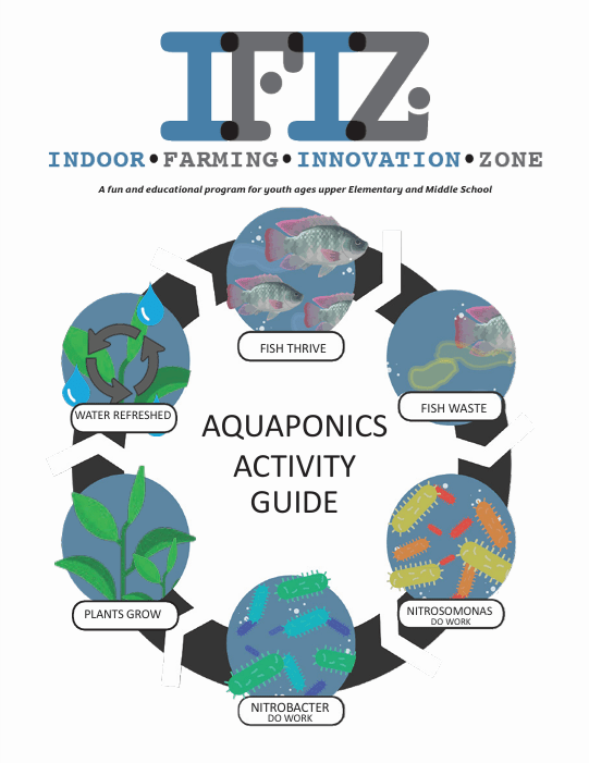Cover of the Aquaponics Activity Guide featuring vibrant illustrations of fish, plants, and educational elements.